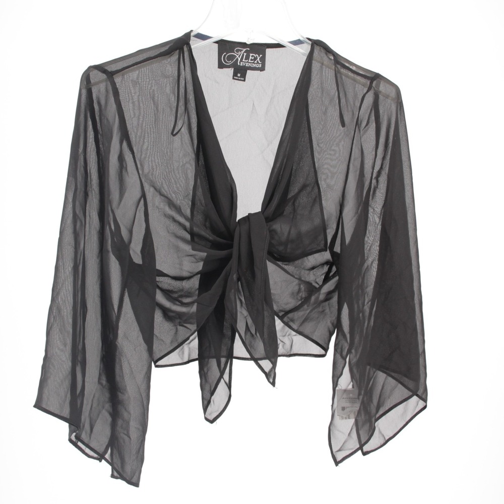 Alex Evenings NWT Women's Black Sheer Tie Front Shrug Cardigan Bolero Size M